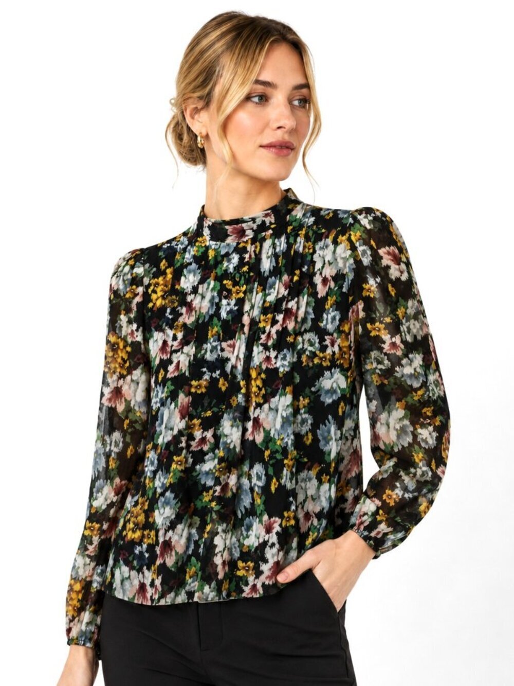 MNG Black Floral Pleated Yoke Top